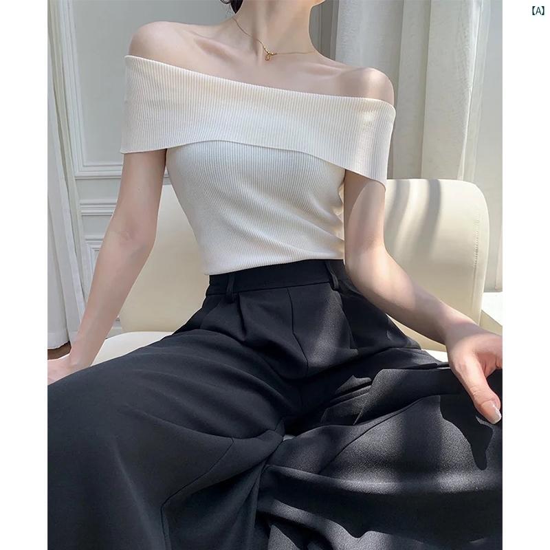 レディース ファッション　レディース　カジュアル　上品　綺麗　外出 鎖骨 エッセン スワン ライン 襟 冷感 ニット スリム インナーウェア 夏 プルオーバー オフショルダー ボトム Tシャツ ブラッ