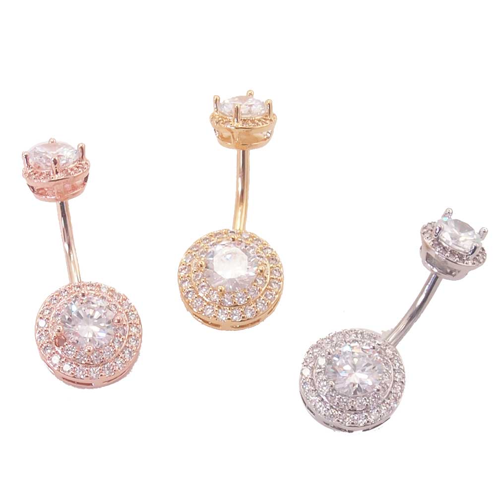 ヘソピアス 14G ダブルティア ラウンドジュエル CZ インターナル バナナバーベルピアス