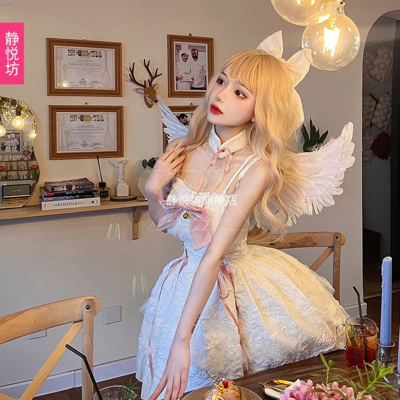 日本のソフトガールロリータ黒と白の天使悪魔ドレスガールフレンドジェミニロリータゴシックjskドレス