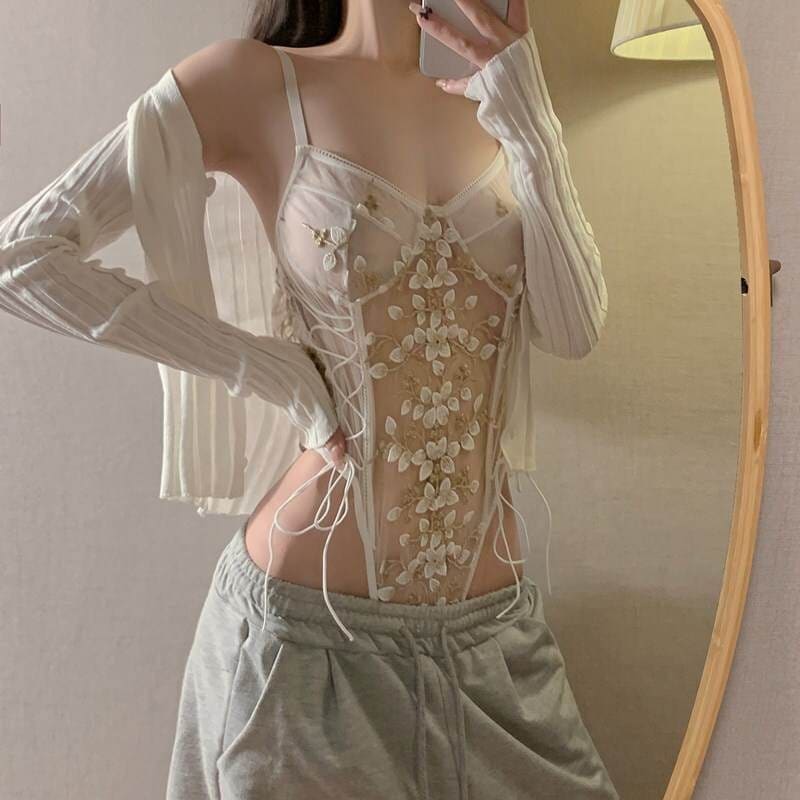 3色 インナー 下着 セクシー ランジェリー ボンテージ 見せる下着 ナイトウェア 花柄 刺繍 透け感 大人可愛い グレー 灰色 ピンク ホワイト 白 レース スリム セクシー コスチューム コスプレ