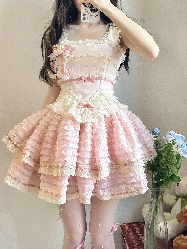 2025 大人気 ロリータ コスプレ ワンピース ピンク ポンポンスカート 可愛らしい