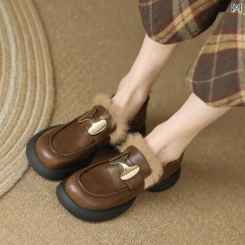 革靴 秋冬 暖かい レディース カジュアル ラウンドトゥ 毛皮 靴 ベルベット 柔らかい 靴底 太い ヒール 女性用 茶色 ローファー 着用