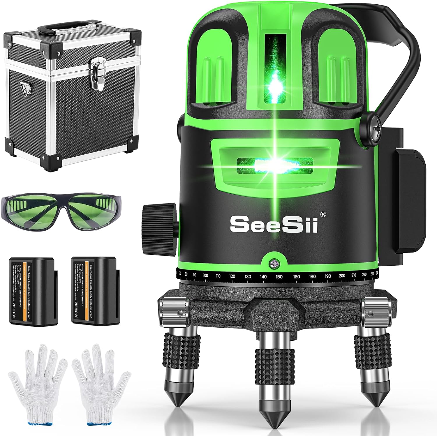 【2024年新登場】SeeSii レーザー墨出し器 グリーン レーザー水平器 5ライン 4方向大矩照射 高輝度 レーザーレベル 三脚 回転レーザー線 小型 軽量 IP54防水 軽天作業 受光器対応 測