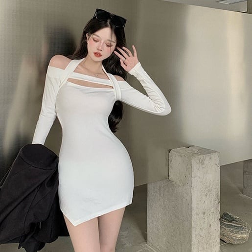 ワンピ ワンピドレス キャバドレス ドレス l 長袖 オフショル ホルターネック ミニ丈 セクシー タイト キャバ 夜 肌見せ 小悪魔 甘辛 キュート ガーリー かわいい 大人可愛い きれ