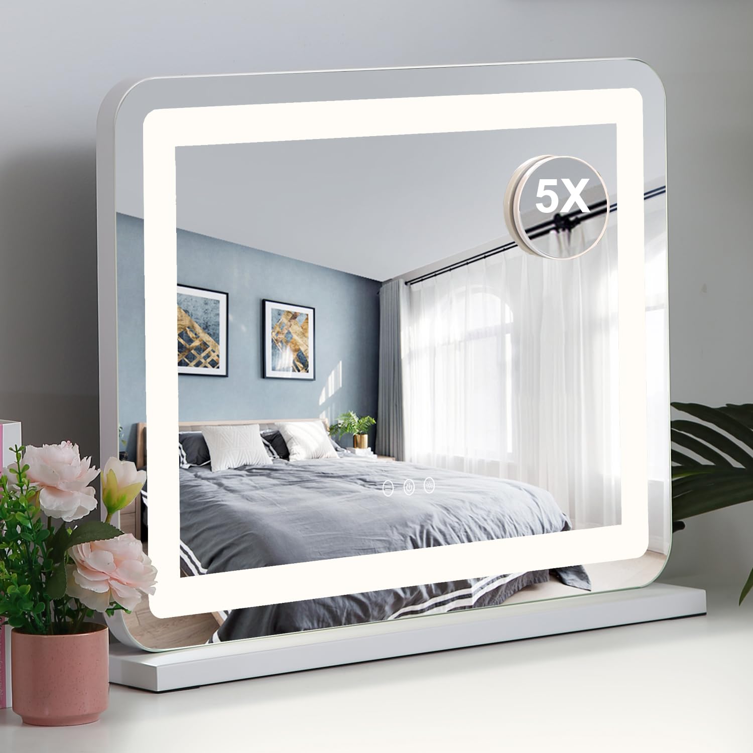LED女優ミラー 化粧鏡 ハリウッドミラー 三色照明モード 明るさ調節可能 5倍拡大鏡付き 女優ライト LEDミラー 卓上/壁掛け両用 (58*46CM)