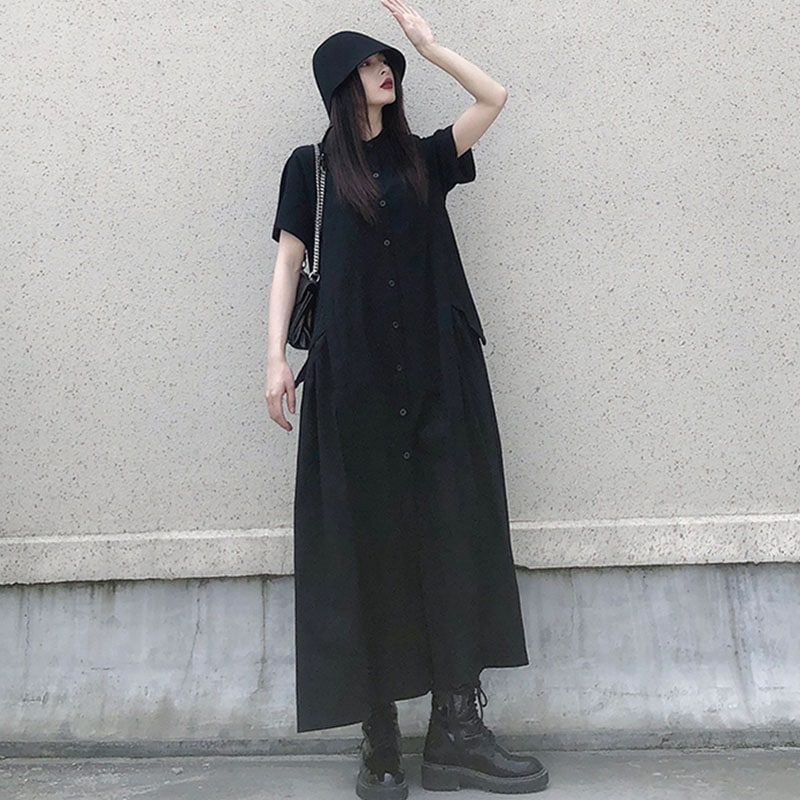女性の黒のルーズシャツドレス夏の新しい日本のファッションラージサイズ不規則なステッチロングスカート多目的な無地シンプルなレディースロングドレスカジュアルラージサイズ