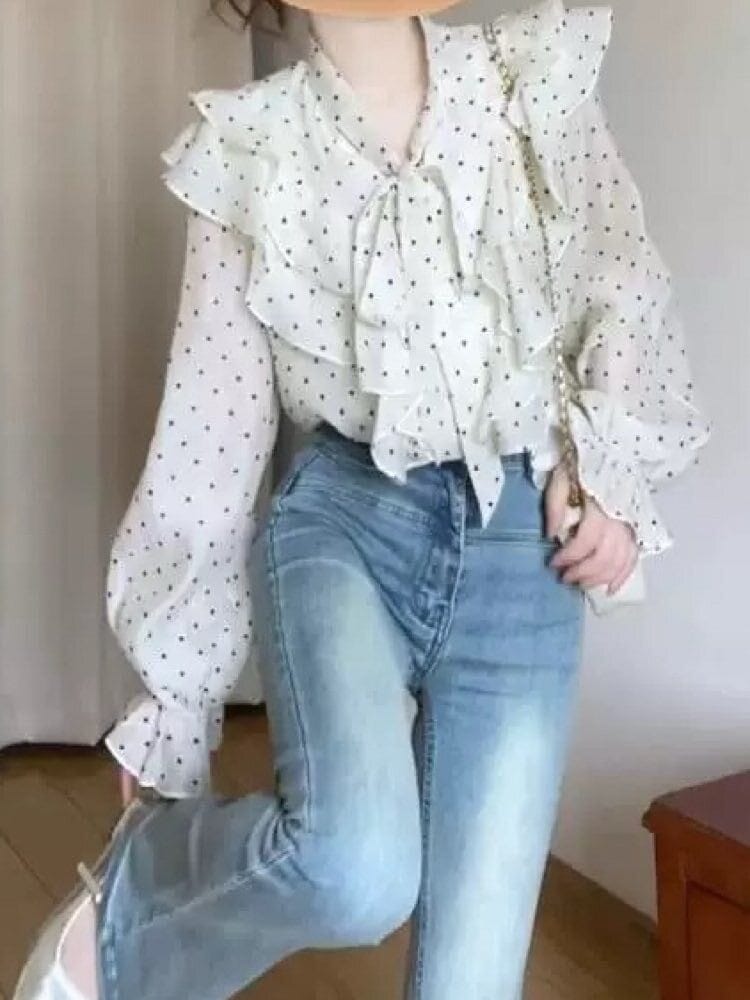 上品に華やぐ大人レディスタイル ドット柄フリルシフォンブラウス リボン ドット柄 大人可愛い 清楚 お洒落 きれいめ カジュアル 着映え 体型カバー 大きいサイズ 韓国 CH10448