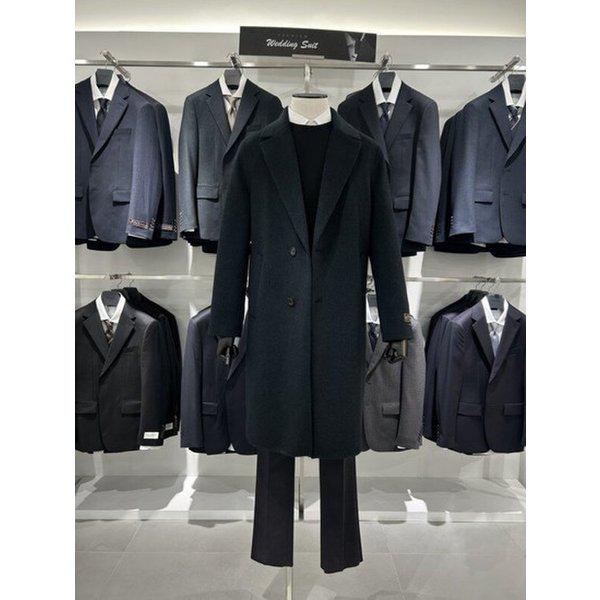 ダークグリーンプレミアムハンドメイドウールカシミアセミオーバーフィットメンズロングコート