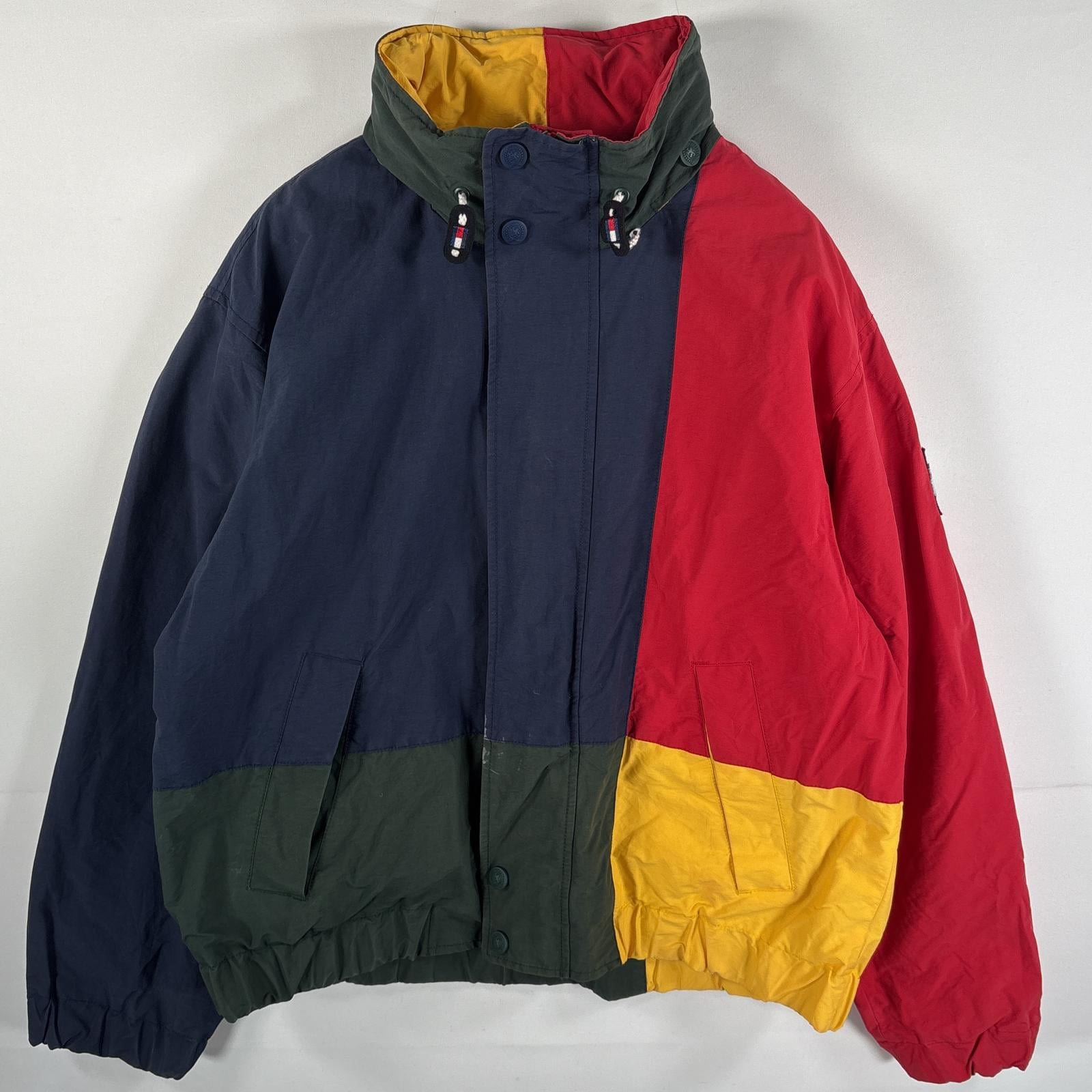 古着 90s/90年代 ナイロンジャケット 収納フード ワンポイントロゴ M レッド マルチカラー メンズ