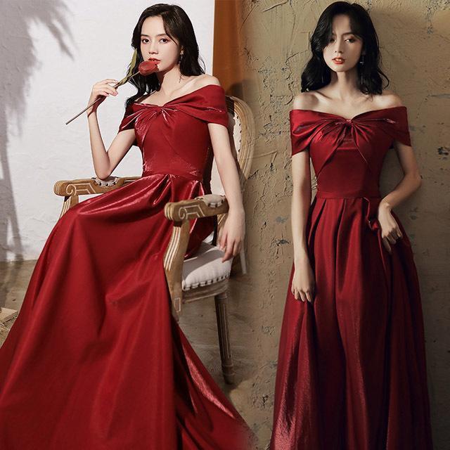 [新品入荷]ワイン赤 ゲストドレス ロング ボートネック オフショルダー イブニングドレス Aライン 20代 30代 パーティードレス 二次会 お呼ばれ