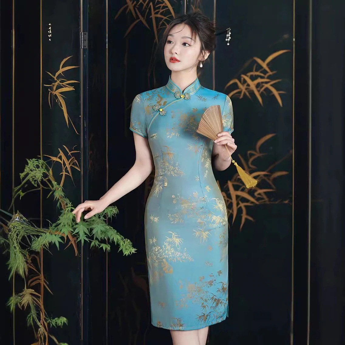 2024春夏チャイナドレス改良日常ミドル丈ブルージャカードスリムハイウエスト中高年女性 4,778円