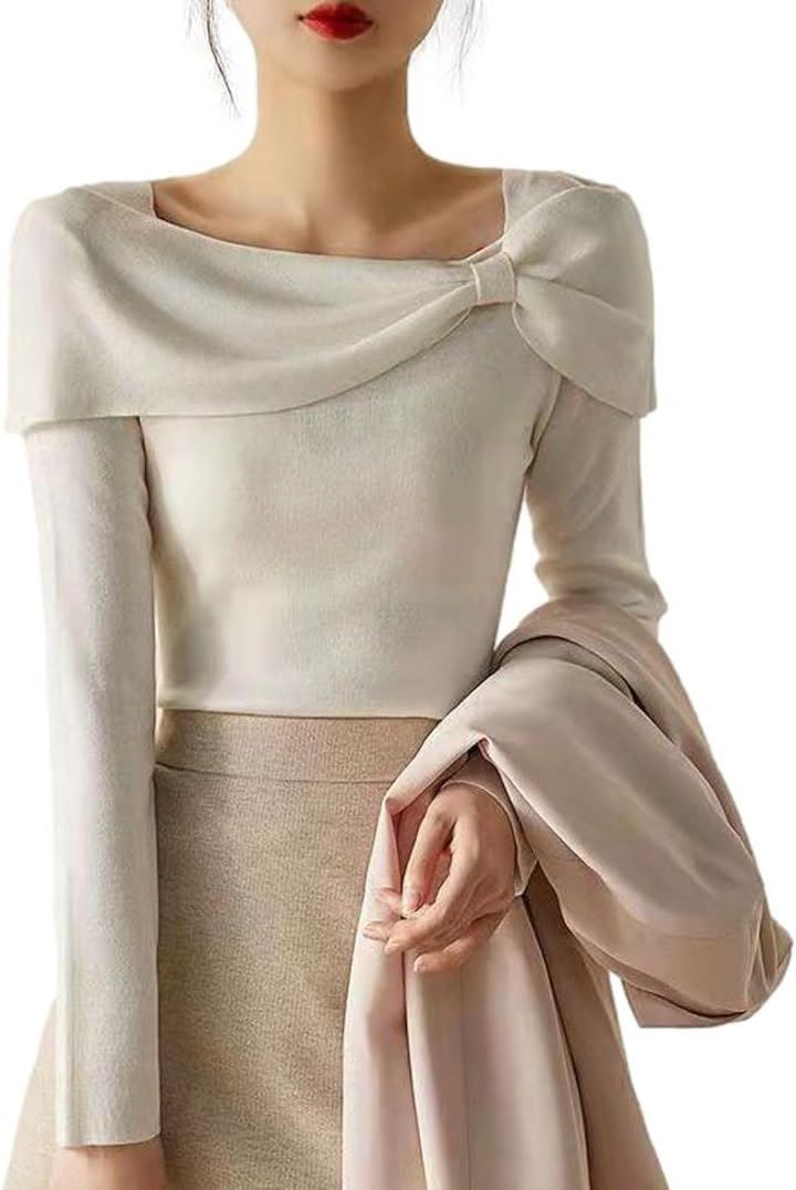 ボートネックニットトップス リボンモチーフ 薄手 やわらか スリムフィット 10分袖 裏地なし 軽量 高見え 美シルエット 長袖 袖有り タイトニット きちんと見え( ホワイト, L)