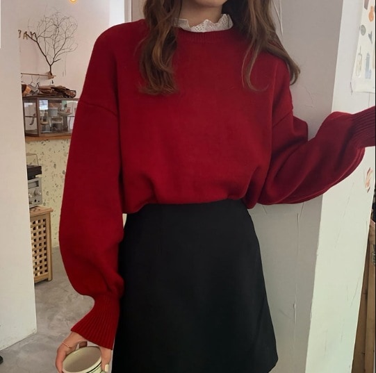 トップス セーター 長袖 ドロップショルダー ボリュームスリーブ 襟付き ドッキング デザイン 美ライン リブ 伸縮性 ニット カラバリ ドラマチック かわいい 大人可愛い きれいめ シンプル