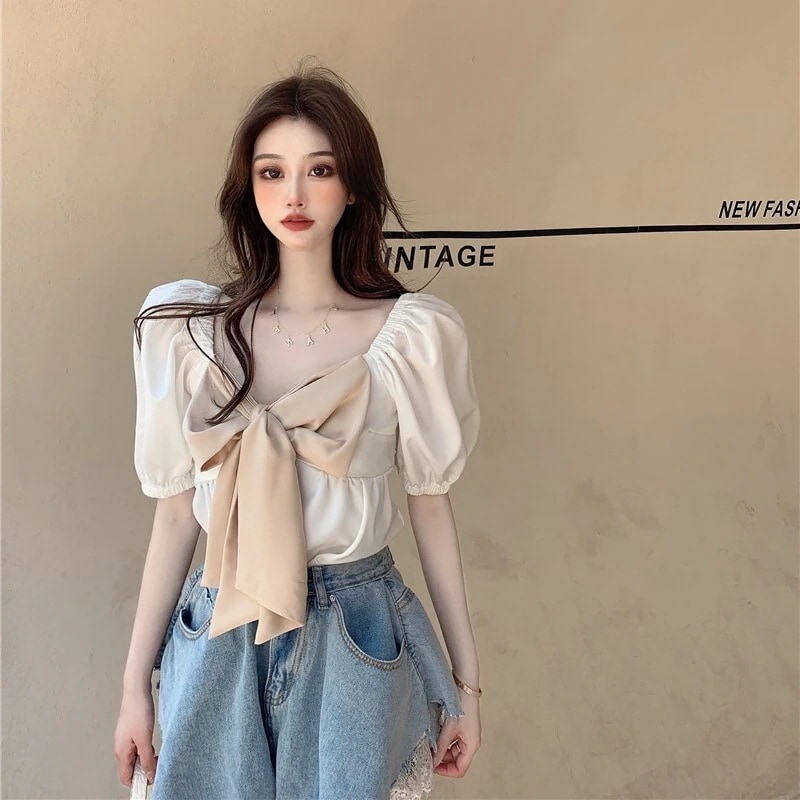 トップス パンツ セットアップ カットソー 白トップス デニムパンツ ショートパンツ ミニ ミニ丈 ショート ショート丈 膝上 袖あり 五分袖 パフスリーブ スクエアネック スリム レース リボン