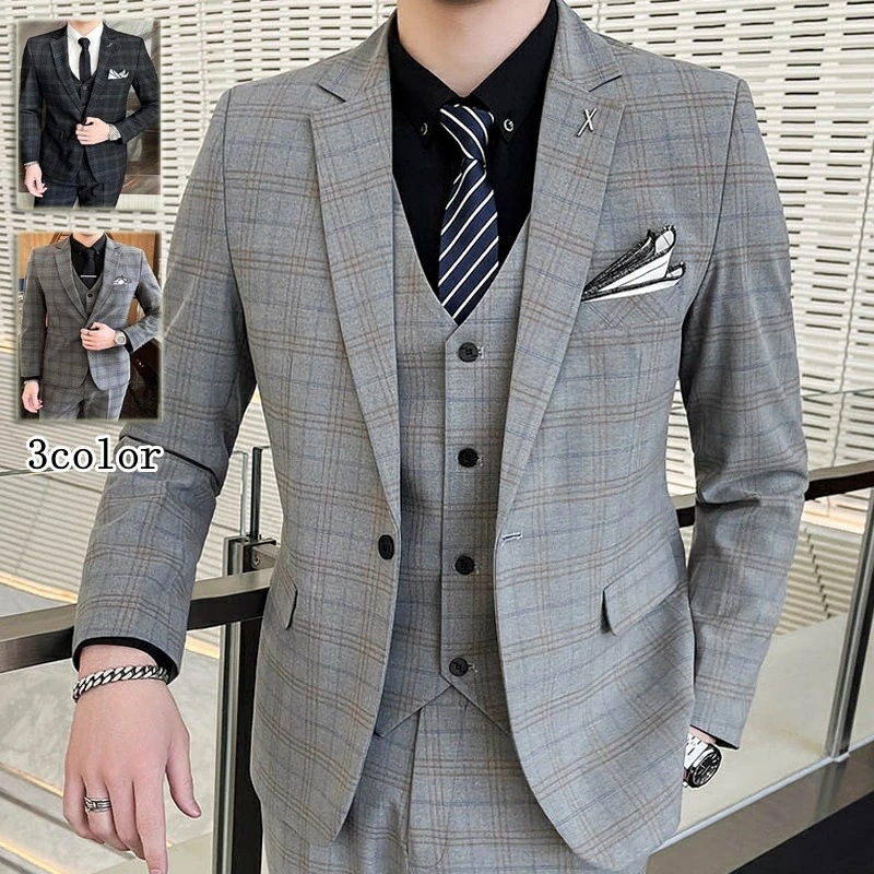 3ピーススーツ メンズ ビジネススーツ スーツ 1つボタン チェック柄 フォマールスーツ セットアップ 細身 卒業式 通勤 入学式 スリーピーススーツ オシャレ メンズカジュアル スタイリッシュスーツ