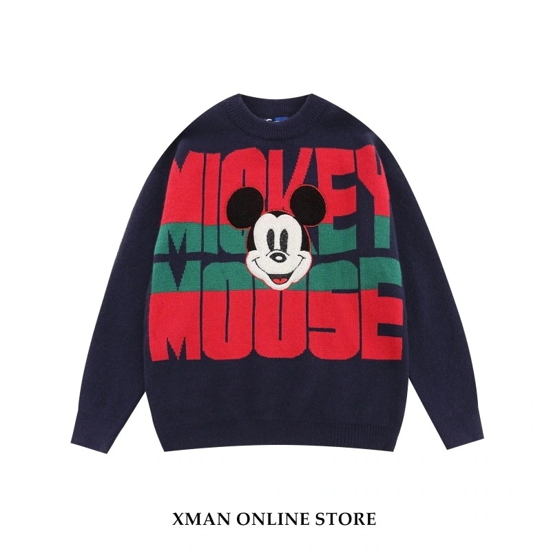 ミッキーミッキーレター刺繍プルオーバーセーター女性用万能ラウンドネックオーバーサイズセーター