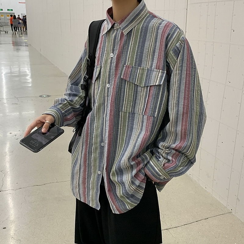 レトロストライプの長袖シャツ男虹の色合わせシャツ原宿風ゆったりカジュアルコート