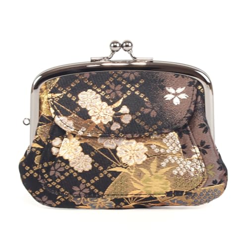がま口 和柄 親子 金襴 財布 小銭入れ 日本製 ポーチ (扇桜黒)