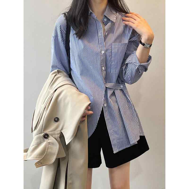 コーデ レディース ファッション オシャレ アイテム カワイイ コーデ シンプル きれい ナチュラル 上品カジュアル 用 ホワイト カラー フレンチ ストライプ シャツ レディース 長袖 ウエスト バ