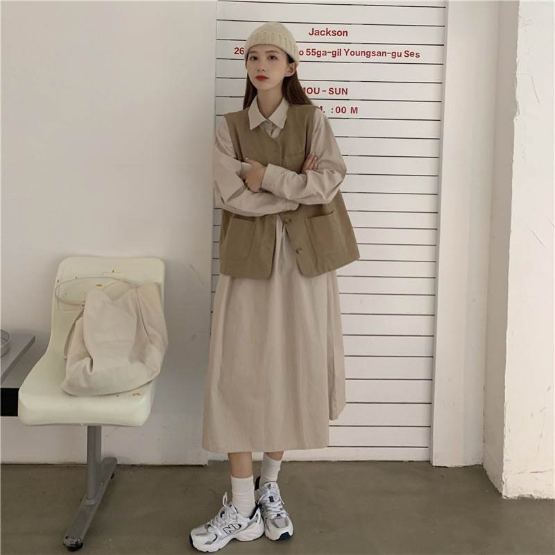 新品登場 セットアップ ベスト シャツワンピース ミモレ丈 メンズライク ノースリーブ べっ甲ボタン 長袖 無地 アプリコット ホワイト カーキ ブラック セクシー カッコイイ 大人可愛い おしゃれ