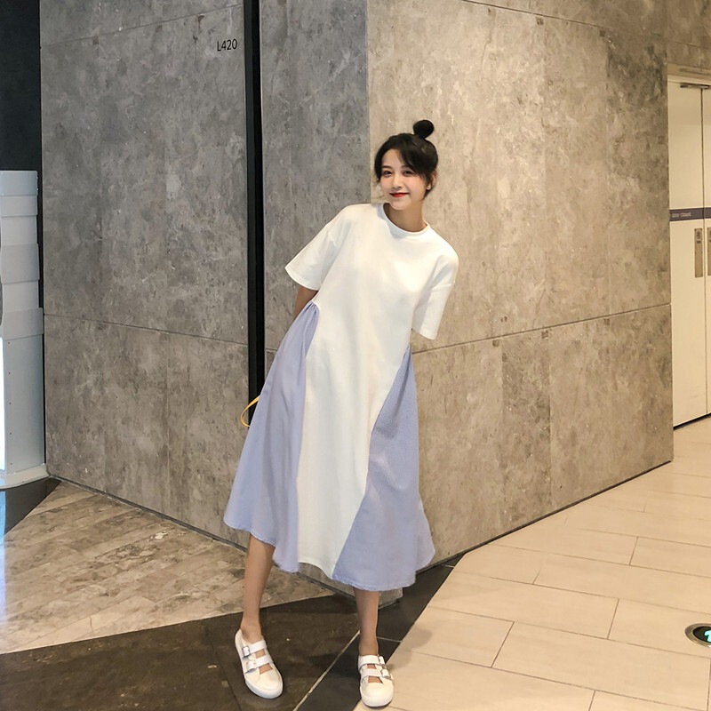 レディース ワンピース フレア 膝下 ミモレ 5分袖 クルーネック ワイド フレア 切り替え 裾ワイド 切り替えデザイン 薄手 異素材ミックス かわいい 大人可愛い きれいめ 上品 おしゃれ こなれ感