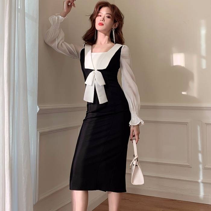 ワンピース ドレス レディース タイト スクエアネック 襟付き 黒 モノトーン 膝下 長袖 Iライン シースルー リボン 大人可愛い きれいめ 上品 おしゃれ エレガント レトロ パーティー お出かけ 5,384円