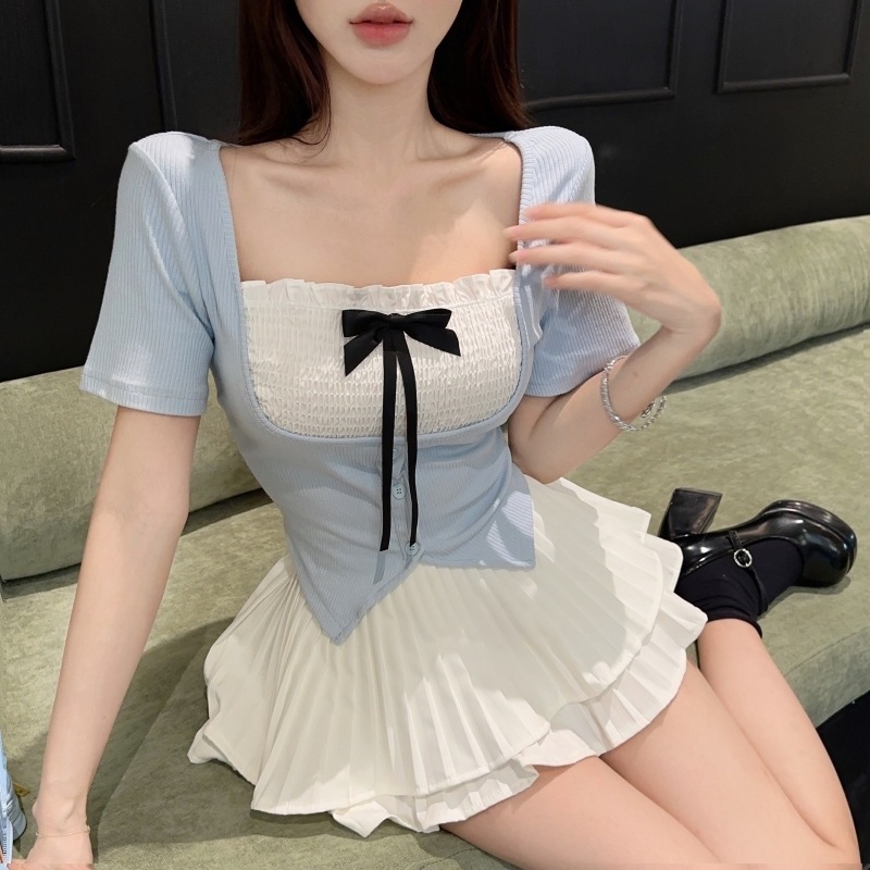 トップス Tシャツ シャツ カットソー ショート丈 半袖 スクエアネック リボン かわいい おしゃれ 大人女子 ラブリー 春 夏 レディース デート お出かけ 休日 旅行 普段使い 韓国系 4,896円