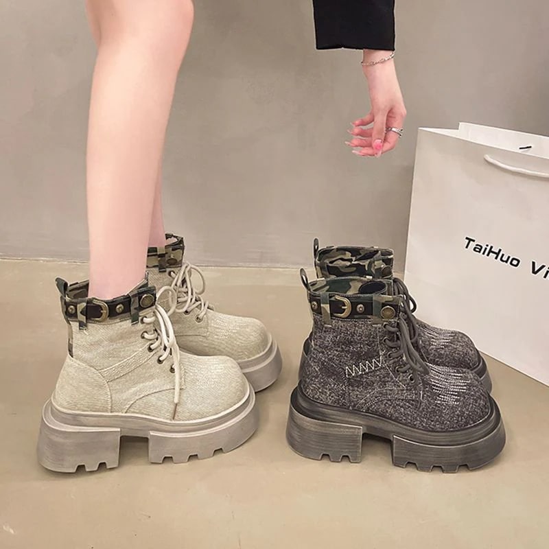 厚底カジュアルショートブーツデニム迷彩機関車ブーツマーチンメガ割 ショートブーツ