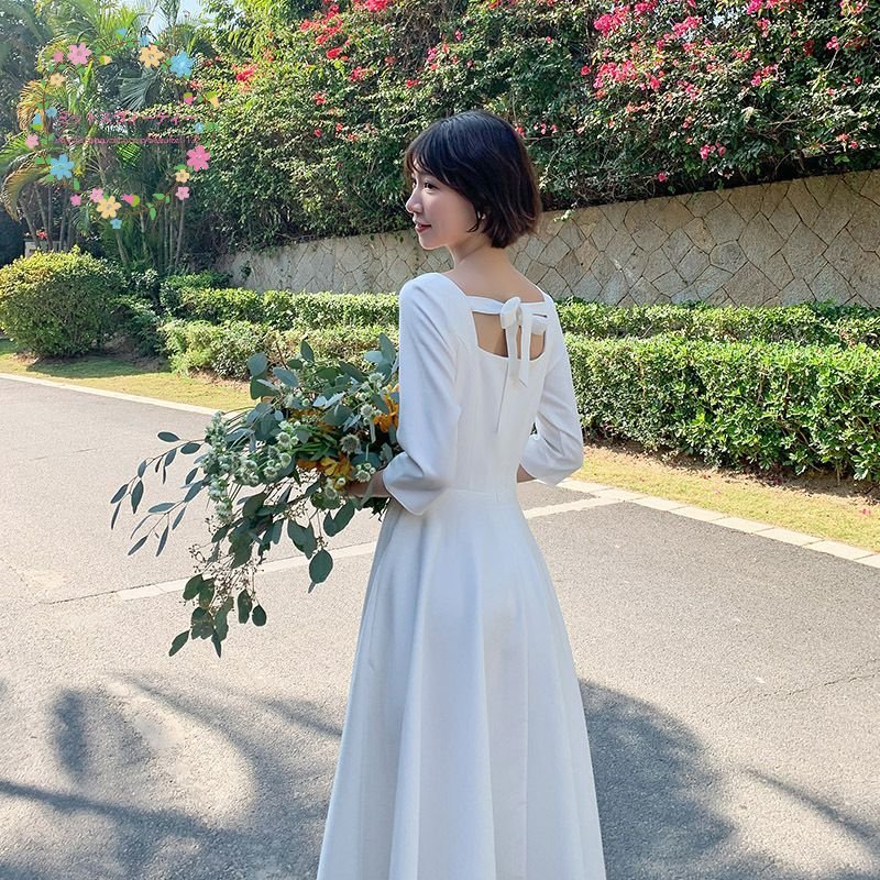 ウエディングドレス 袖あり パーティードレス 結婚式 ワンピース ドレス ミディアム丈 春 夏 秋