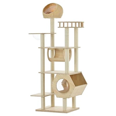 【国内即日発送】キャットタワー 猫タワー ネコタワー 多頭飼い 高さ183cm 隠れ家 爪とぎポール トンネル付き 据え置き型 ネコ タワー 組立簡単 おしゃれ タワー 天然木製 可愛い 大型猫 子猫