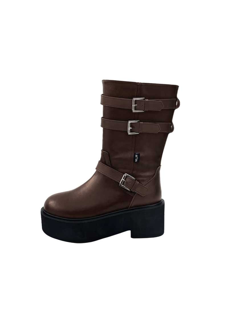 【AS"ON】 MAYA MIDI BUCKLE BOOTS / BROWN ブーツ 正規品