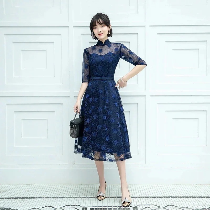 パーティードレス結婚式ワンピースドレス袖ありレースAラインお呼ばれ二次会