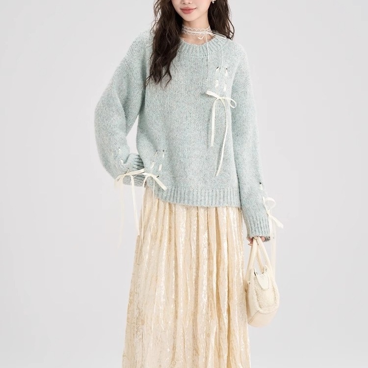 2点セット セーター 長袖 クルーネック プルオーバー ミディアム丈 りぼん リボン 萌え袖 ロングスカート フレアスカート ウエストゴム 可愛いかわいい 大人可愛い きれいめ シンプル 上品