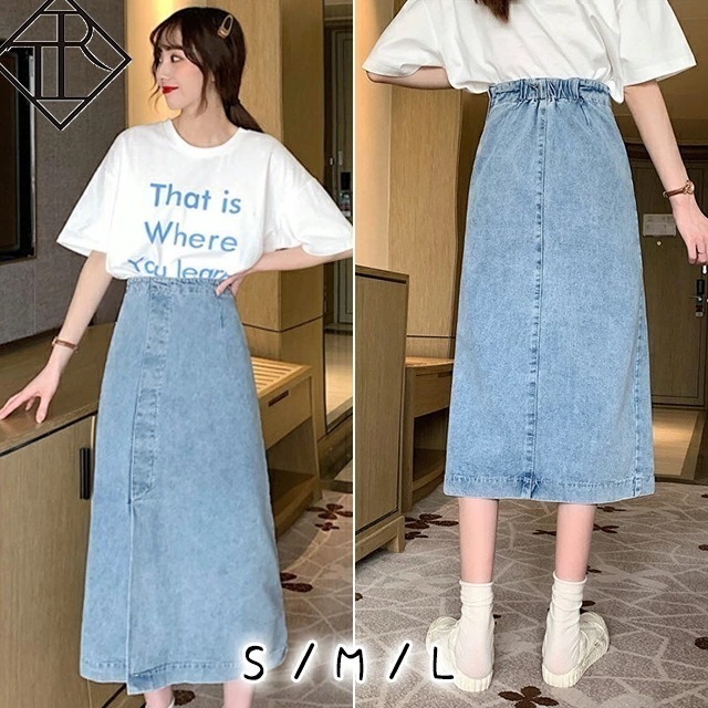 【即納】スカート レディース ロング ボトム 大きいサイズ ミモレ ミディアム丈 大人 スカート デニム ジーンズ タイトスカート ウエストゴム スリット ファスナー 体型カバー