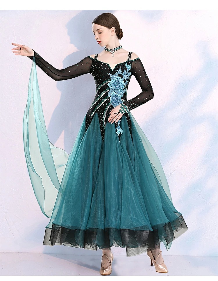 ダンス 衣装 ワンピース ドレス 豪華な 大きい裾 社交ダン スタンゴ服 モダンダンス 舞台 演出 イベント衣装 ステージ衣装 ラテンダンス ダンスウエア 競技着 練習着 女性用 ワルツ チャチャ 踊