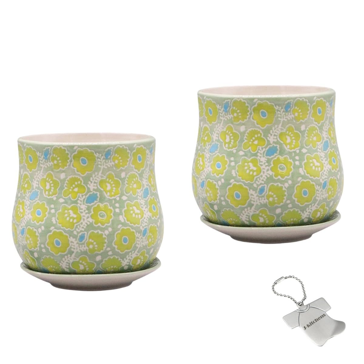 J-kitchens Select 2個入 セット 花瓶 陶器 植木鉢 受け皿付き フラワー 東欧風 プランター E Φ12xH10cm 黄緑 （オリジナルタグ１個付）No4879