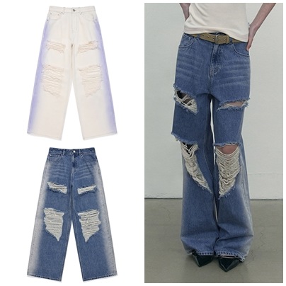 CHERRY DAMAGE WASHING WIDE-FIT DENIM PANTS