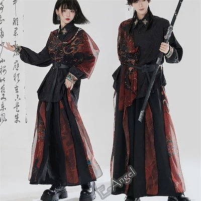 【2025新作】[即納]焔生 敦煌神鹿 中華服 ガチョウパンツ 重ね着刺繍シャツ 黒赤 コスプレ 衣装セット チャイナ 品質良い