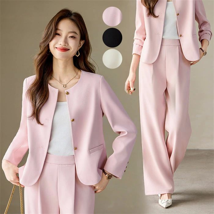 再入荷商品ロング クルーネックな長袖 ジャケット 上下セット セットアップ レディース 入学式 卒業式 パンツスーツ ママスーツ フォーマル