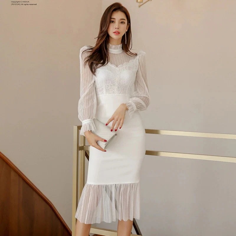 レース フェイクレイヤード 切り替え 【上品】パーティードレス 九分袖 タイトスカート ワンピース 透かし彫り フィッシュテールスカート 高級感 気質