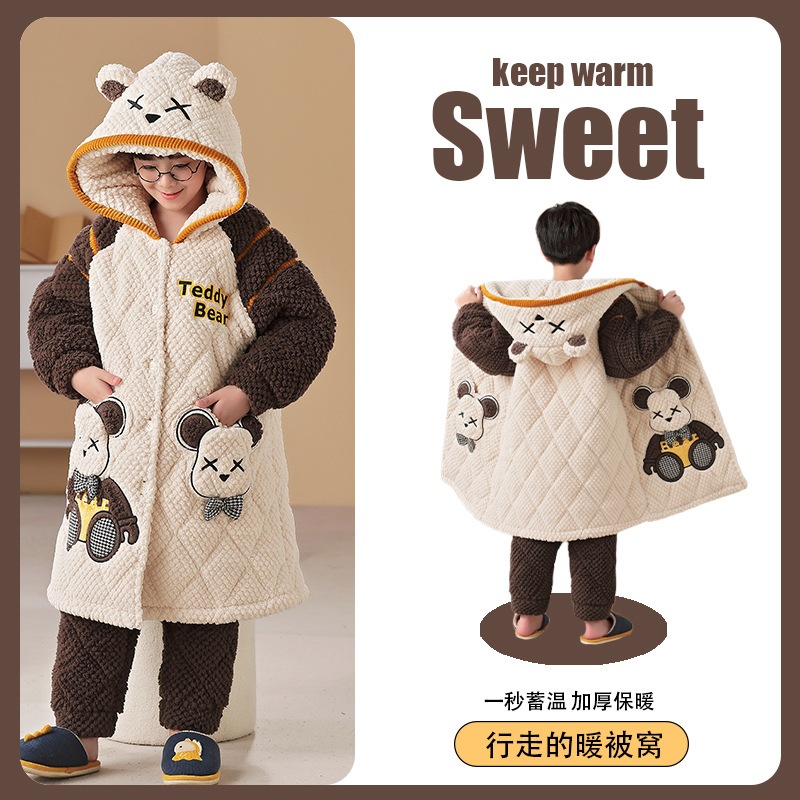 子供用パジャマ冬の3層綿入りギャバジン超厚手アニメスーツ男の子用ガウン帽子付きサンゴ絨毯部屋着