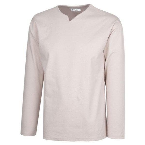 メンズソリッドブントVネックインナー長袖Tシャツ RB-TSA-Q008-ベージュ
