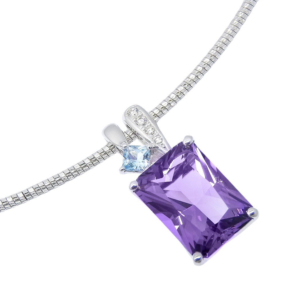 ネックレス K18ホワイトゴールド アメジスト アクアマリン ダイアモンド 5.62 0.04 約14.0g レディース 中古品 A-ランク