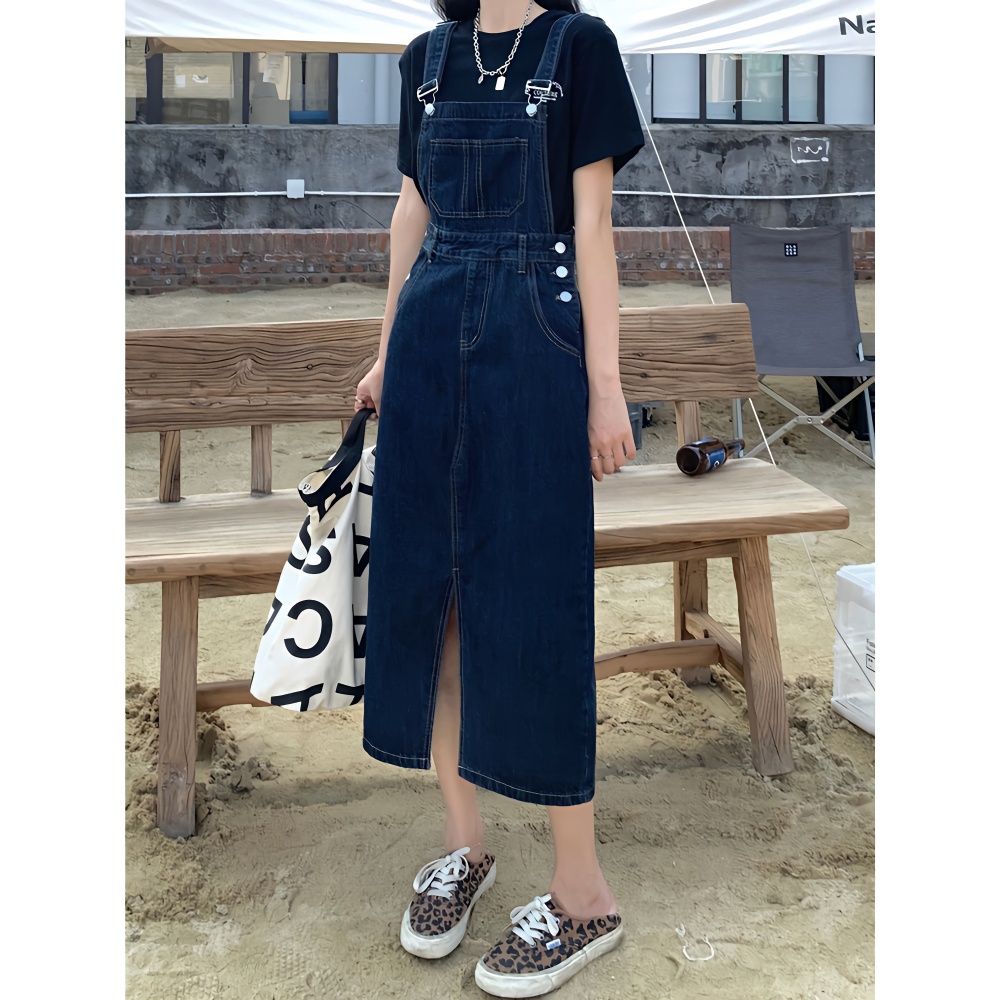 コーデ完成！サロペット 時短コーデ イチオシオールインワン 韓国ファッション 新しい サロペット オールインワン レディース スリット デニムスカート 体型カバー オーバーオール セミロング