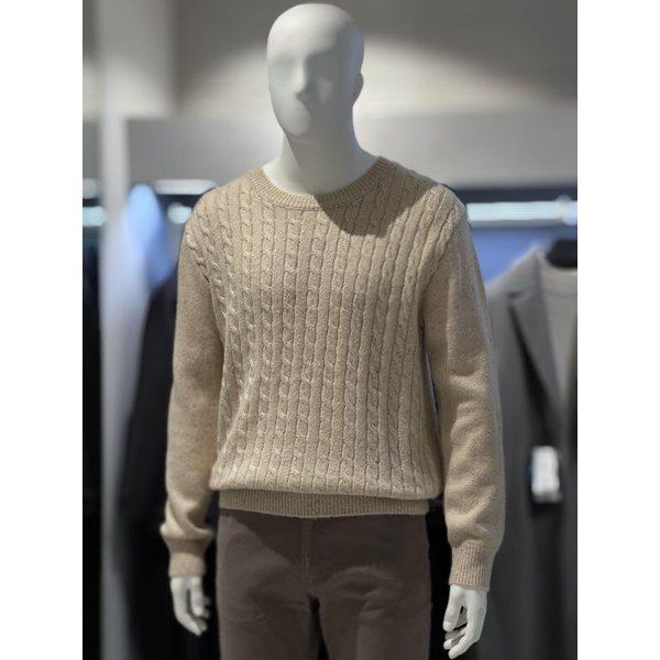 ベージュ ケーブル編み ラウンドネック ベーシックフィット カジュアル ビジネス ニット Tシャツ