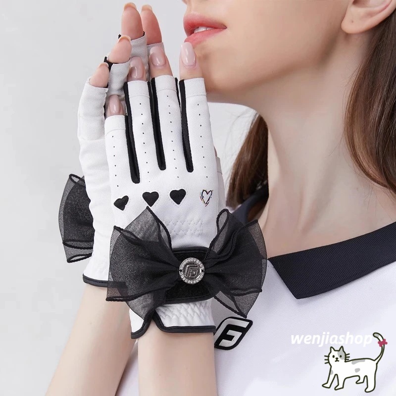 ゴルフ グローブ 手袋 指先開き リボン ハート柄 レーディス 女性 春夏 秋冬 透気性 両手 左手 右左 スポーツ ゴルフケース 滑り止め 通気性 耐摩耗 韓国風 おしゃれ 白 黒