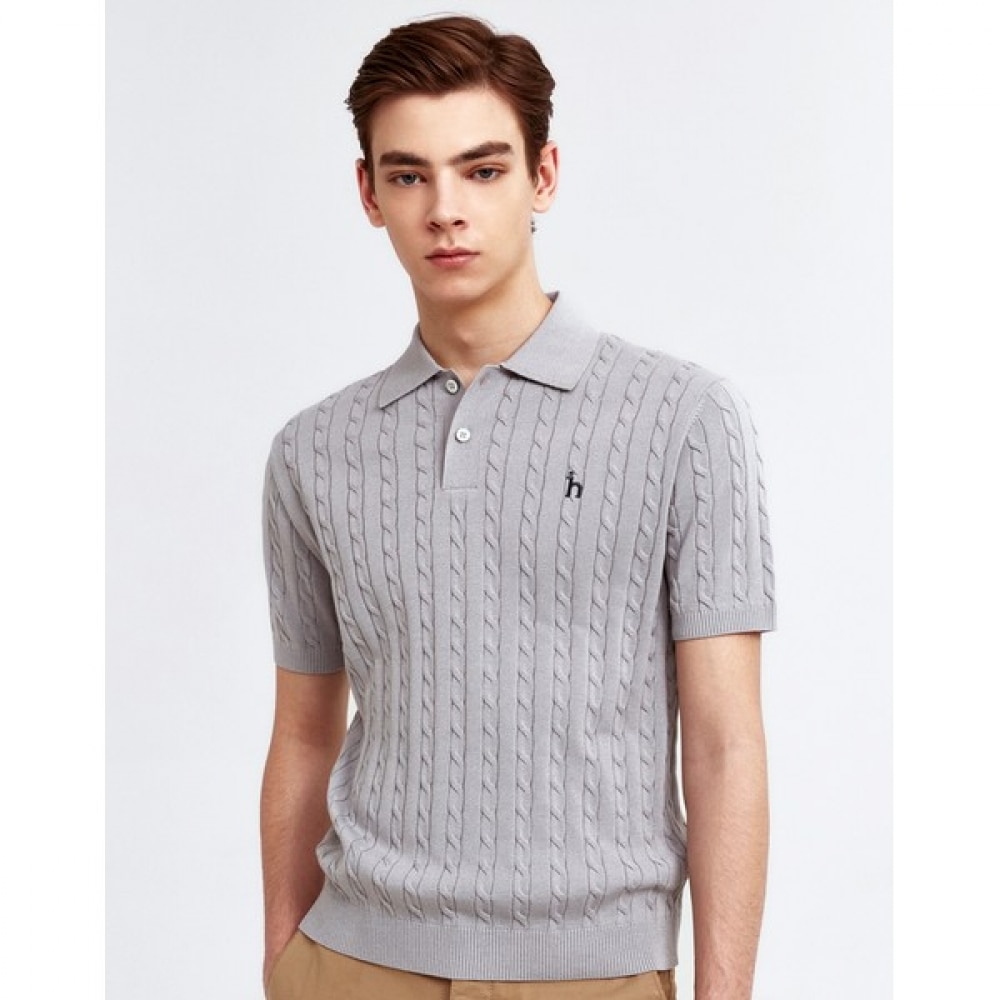 [ヘッジズ] 24SS グレーコットンブレンドケーブルショートスリーブカラーニット HZSW4B553G1