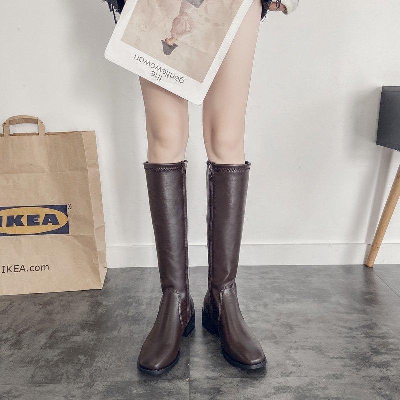 ニーハイブーツ レディース ロング丈 スクエアトゥ ローヒール 合皮 レザー調 春秋冬 美脚 大人