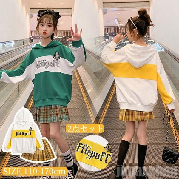 キッズ 女の子 2点上下セット スカート パーカー セットアップ 長袖シャツ 長袖パーカー プリーツスカート フード付き 卒園式 女児 ギャザー ウエストゴム 秋 冬 春 ジ