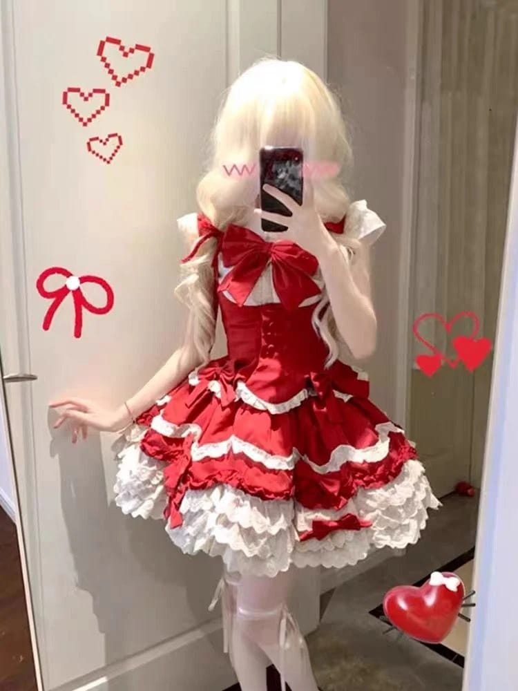 コスプレ色の衝突 パッチワーク ドレス かわいい 復古 ロリータ シャツ着 リボン本 ポンポンスカート セット 花嫁 茶会